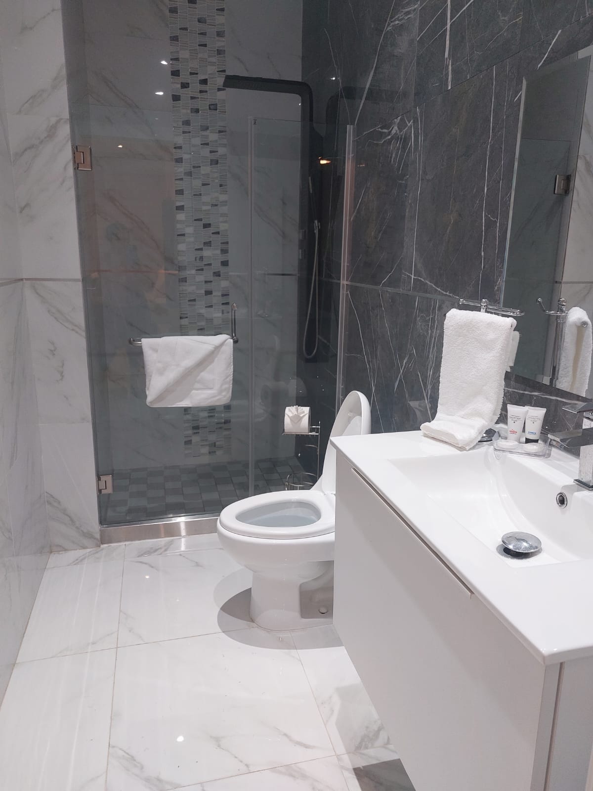 A modern bathroom features stylish marble walls and flooring, with a glass-enclosed shower and contemporary fixtures. White towels are neatly hung on a chrome rack, and a sleek vanity with a sink is positioned next to the shower, creating a functional and clean space.