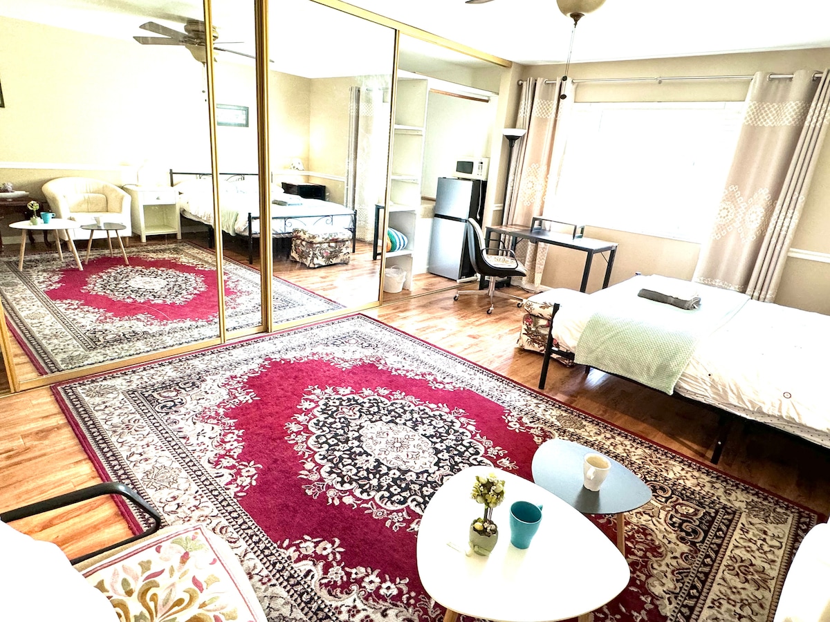 A spacious master room is presented with hardwood flooring and a large area rug. Two beds are arranged, complemented by a desk and chair set. A mirrored closet offers ample storage. Natural light filters through the window, while a small table holds decorative items.