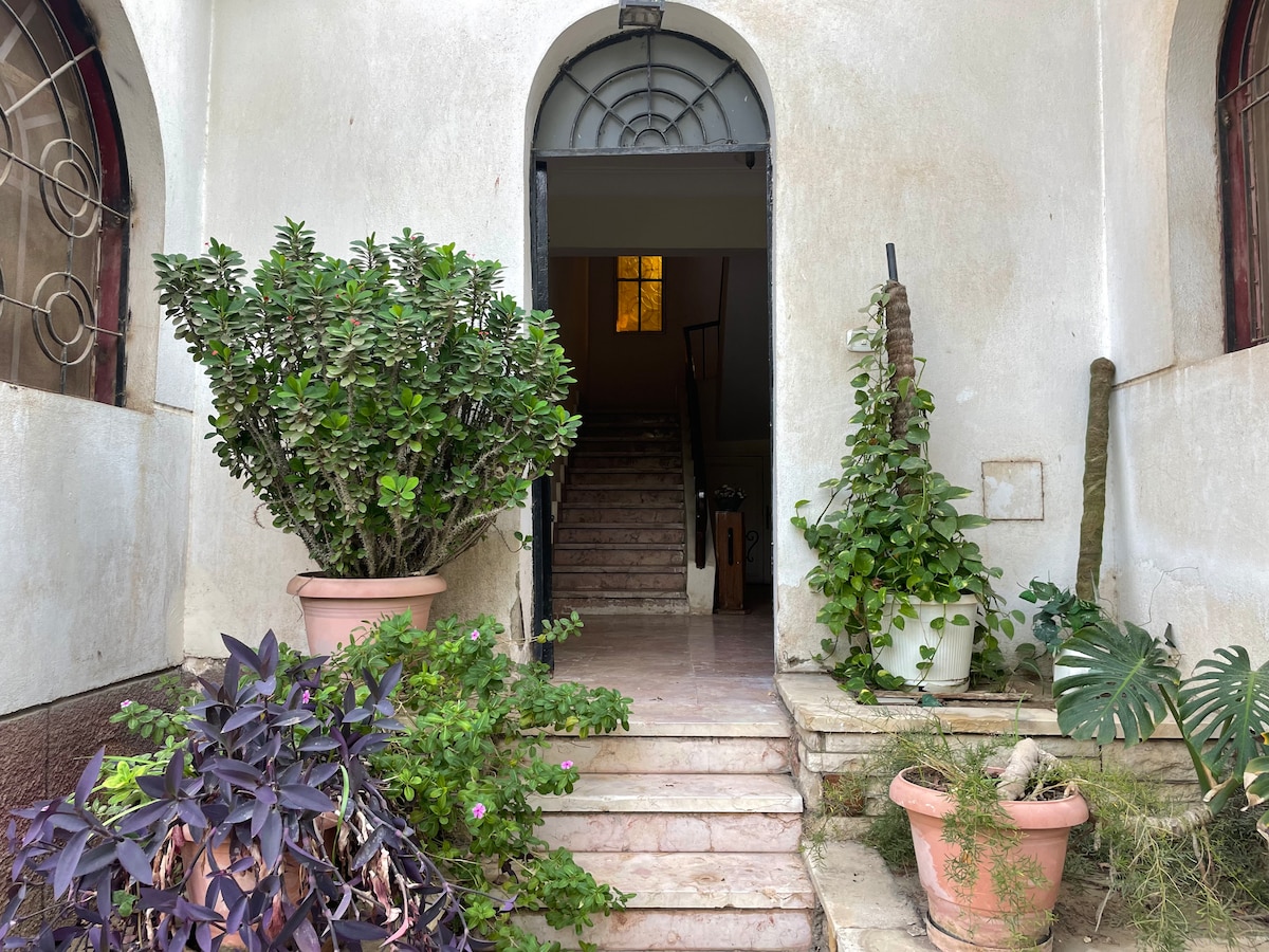 The entrance is framed by flowering plants in large pots, leading up to a staircase that ascends to the interior. A round window above the door allows natural light to brighten the space, while the greenery adds a touch of nature to the entryway.