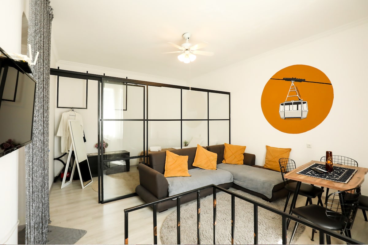 A spacious living area with a sectional sofa adorned with orange pillows is featured. A round dining table with black chairs sits nearby. A wall with a striking orange mural of a gondola enhances the room's design. Glass panels separate the living space from the bedroom.