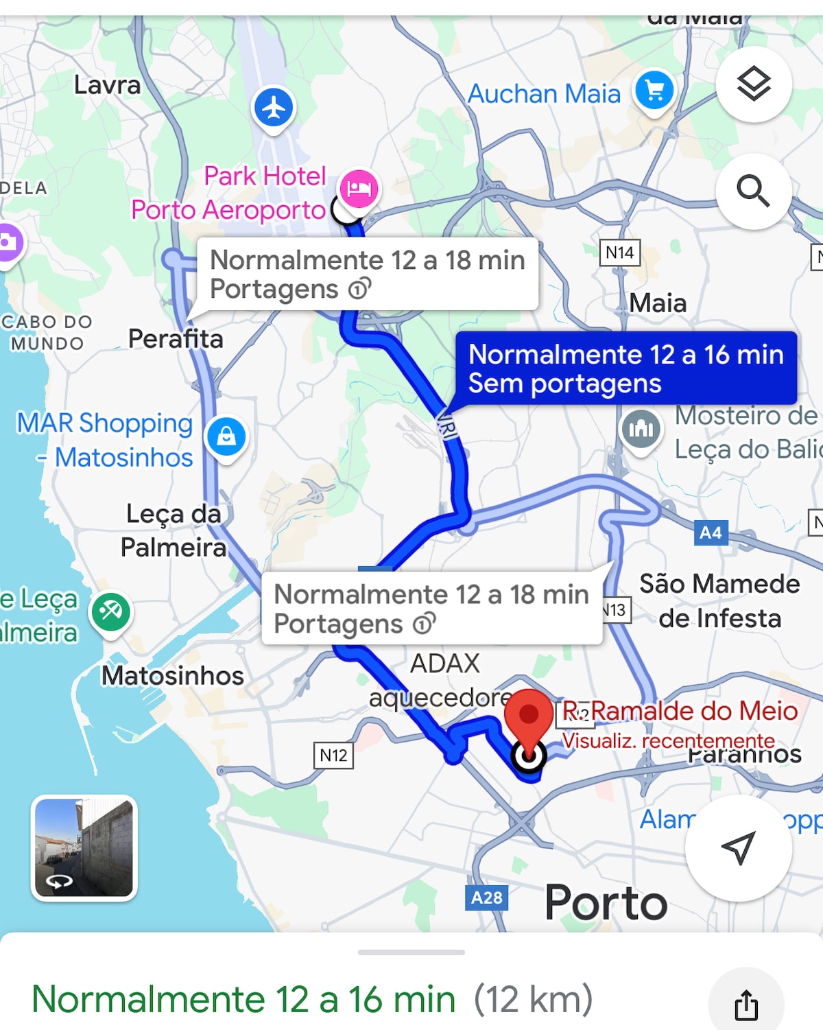 A map displays routes connecting various locations around Porto. The highlighted paths indicate travel options with estimated times ranging from 12 to 18 minutes. Notable points of interest, including the Metro station and nearby facilities, are included in the surrounding area.