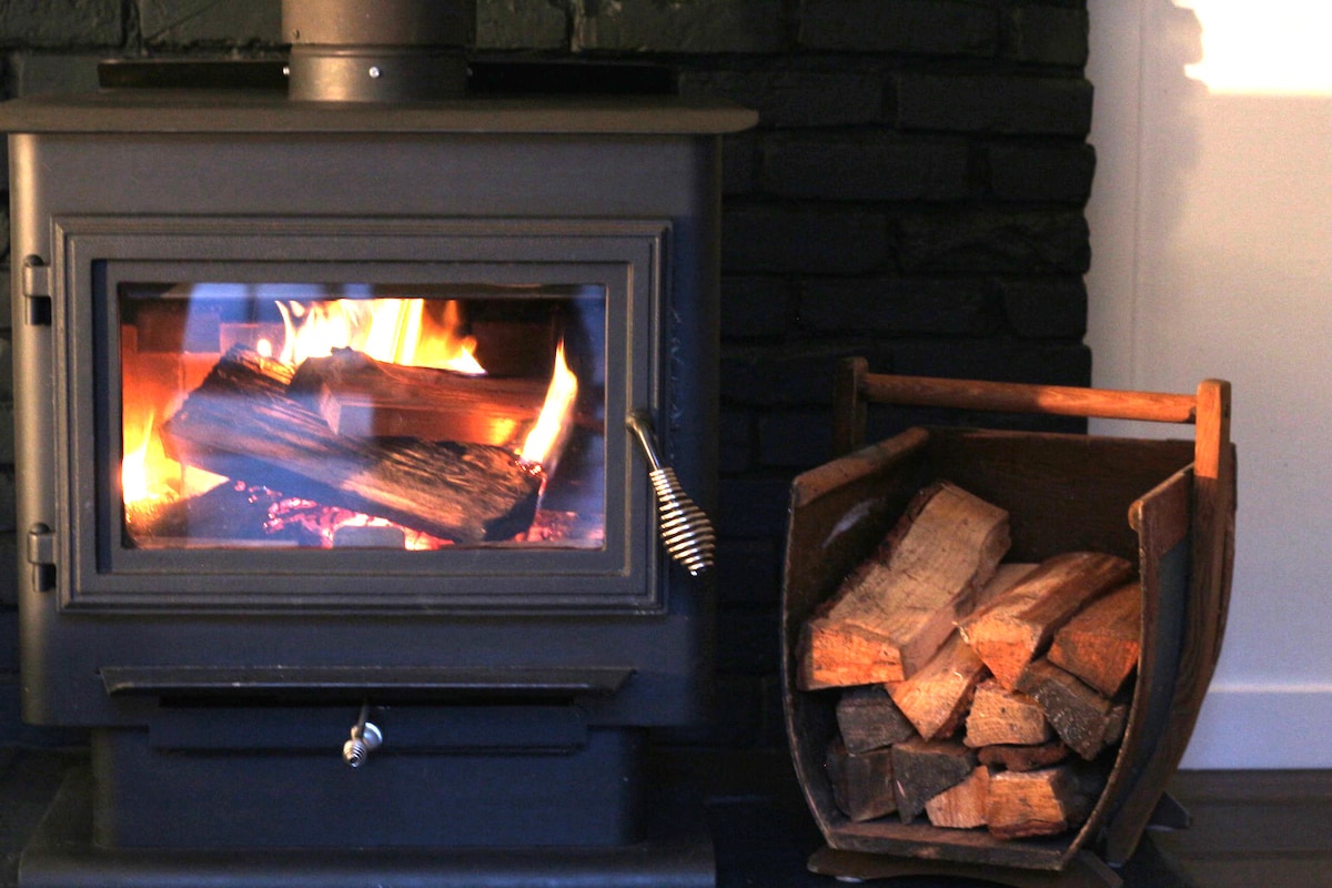 A wood stove with a glass front displays a warm, flickering flame, providing a cozy ambiance. Next to the stove, a wooden holder contains neatly stacked firewood, ready for use.