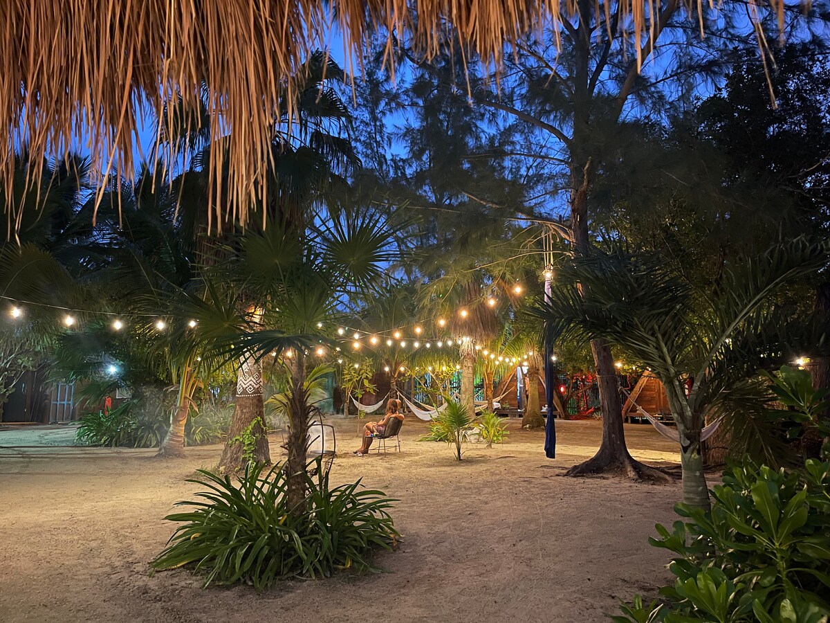 An inviting outdoor space features sandy ground illuminated by soft string lights. Lush greenery, including palm trees and shrubs, surrounds two hammocks and a seating area, creating a relaxed atmosphere. The evening sky adds a soothing backdrop to the tranquil setting.