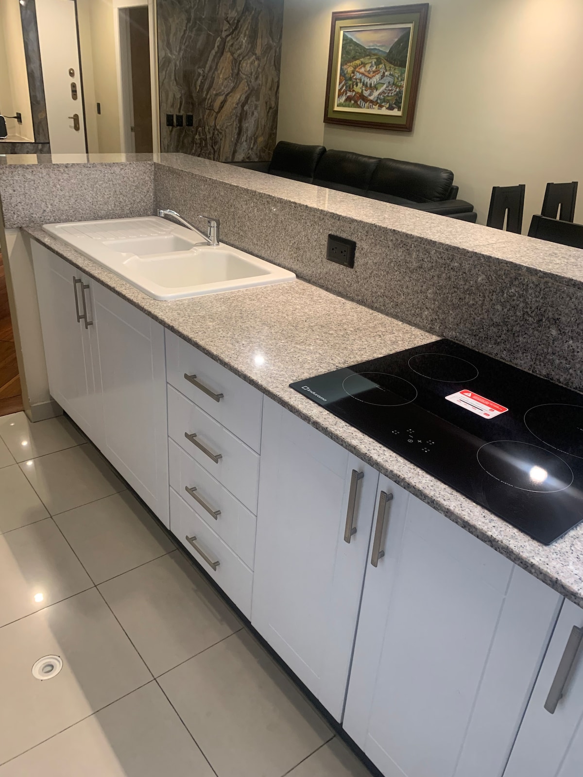 A modern kitchen featuring sleek white cabinetry and a polished granite countertop is displayed. The space includes a sink and a cooktop for cooking. A framed artwork can be seen on the wall in the background, with a black leather sofa and dining area visible.