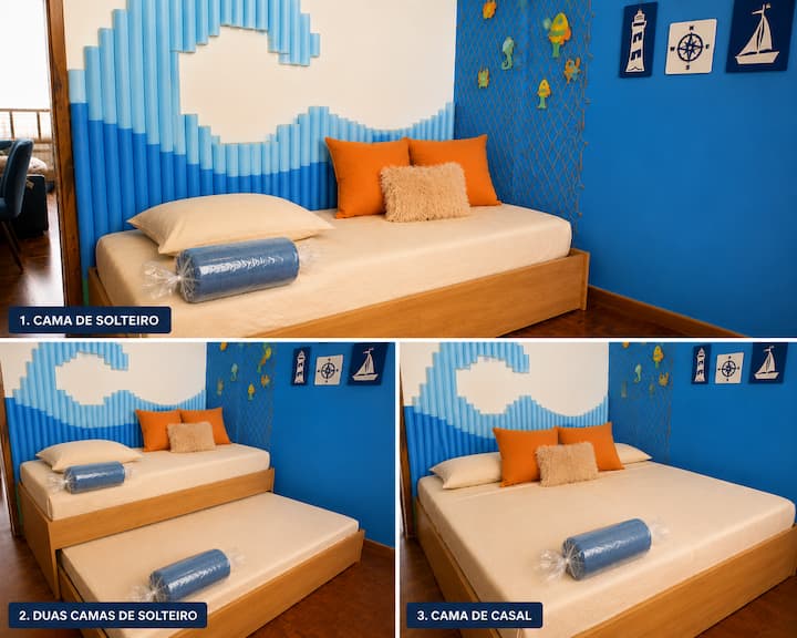 Novo mobiliário a partir de Julho/2026. Substituindo a cama infantil, temos uma bicama 3x1. Oferece conforto através de 1 cama de solteiro ou 2 camas de solteiro, sendo uma mais baixa para segurança dos bebês e terceira opção montar uma cama de casal