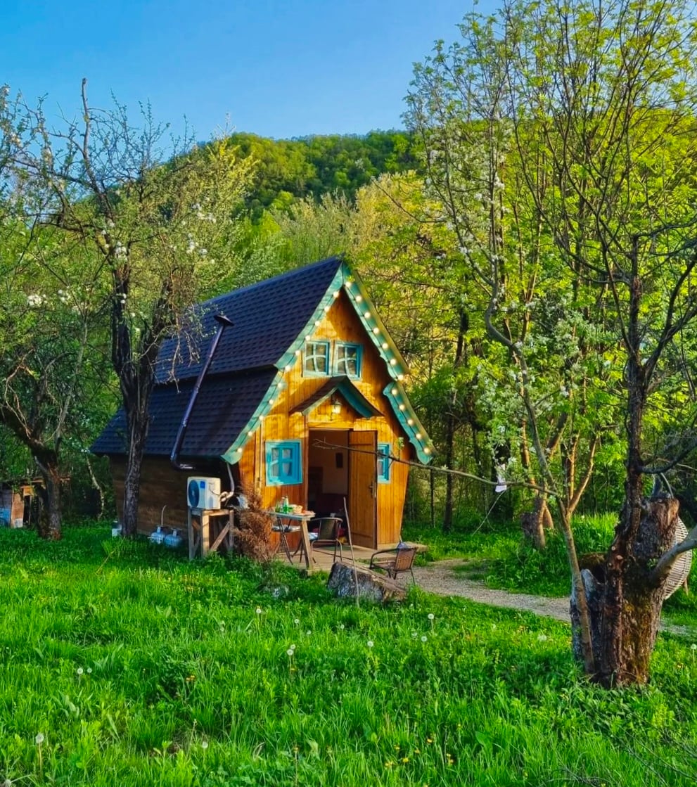 A charming wooden cabin nestled among greenery, featuring a sloped roof and vibrant blue accents. The surrounding landscape includes trees and blooming plants, with a grassy area leading to the cabin entrance. Outdoor seating is present, inviting relaxation amidst nature.