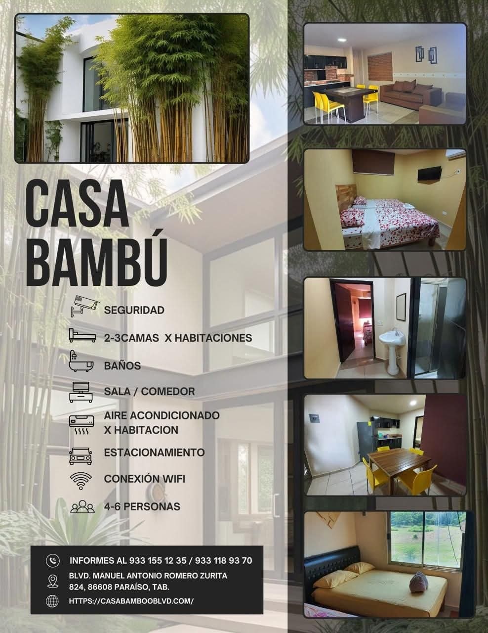 A modern accommodation is presented, featuring multiple rooms with natural light. Images display a shared living area that accommodates group gatherings, with a dining space visible. Essential amenities such as air conditioning and Wi-Fi are clearly indicated, supporting a comfortable stay for 4 to 6 guests.