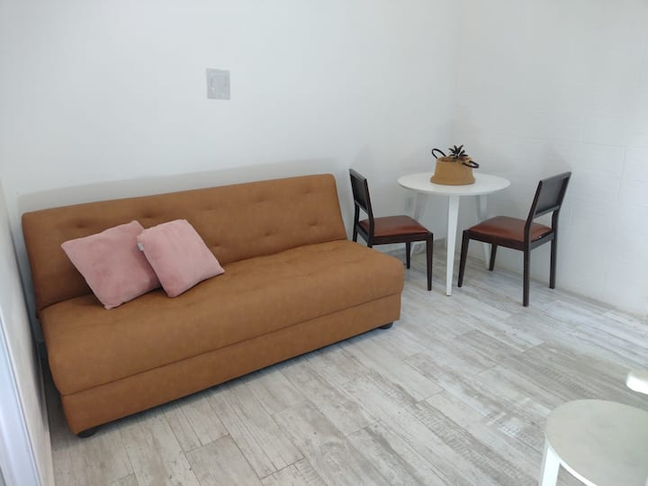 Sala de estar. Superficie: 9 m. Mesa con dos sillas más una silla separada. Armario pequeño con accesorios. Televisión, sofá cama y espejo de cuerpo entero. Ventilador de techo.