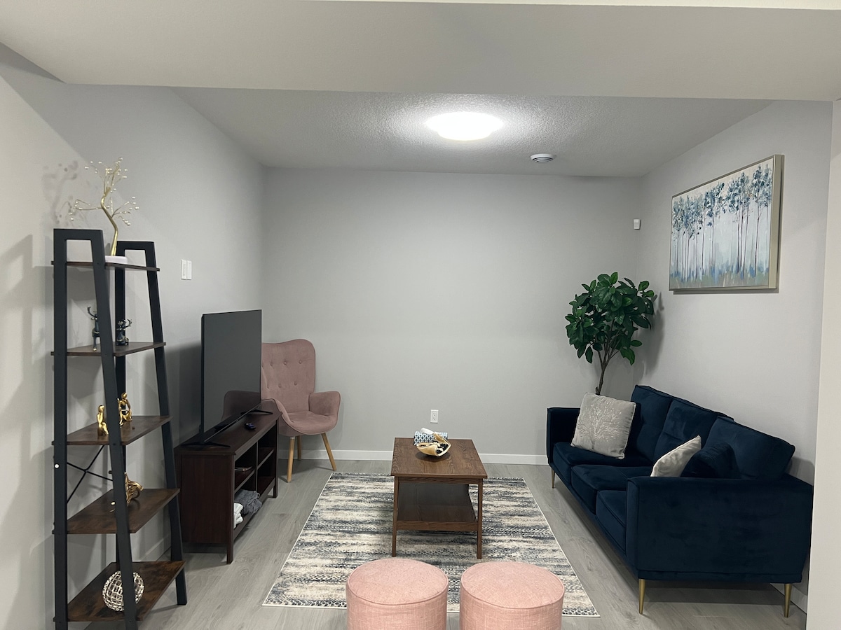 A modern living space features a comfortable navy blue sofa and a wooden coffee table placed on a light area rug. A television is positioned on a dark media console, while a tall plant adds a touch of greenery. Two pink ottomans are located nearby.