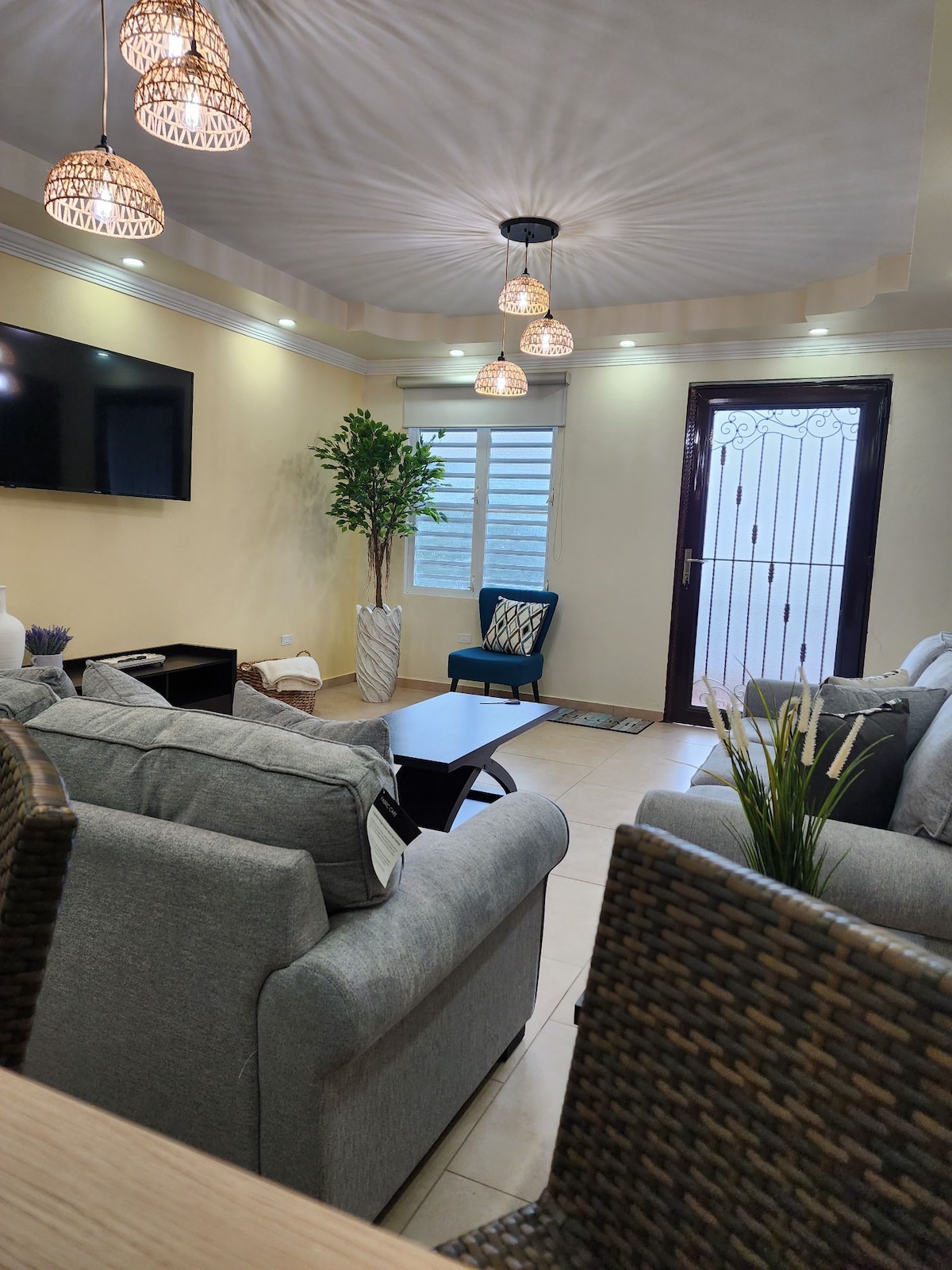 A well-lit living room is equipped with comfortable gray sofas and a dark wooden coffee table. A decorative plant adds greenery near a window, while an entrance door is partially visible on the right. Unique pendant lights enhance the ceiling's design.