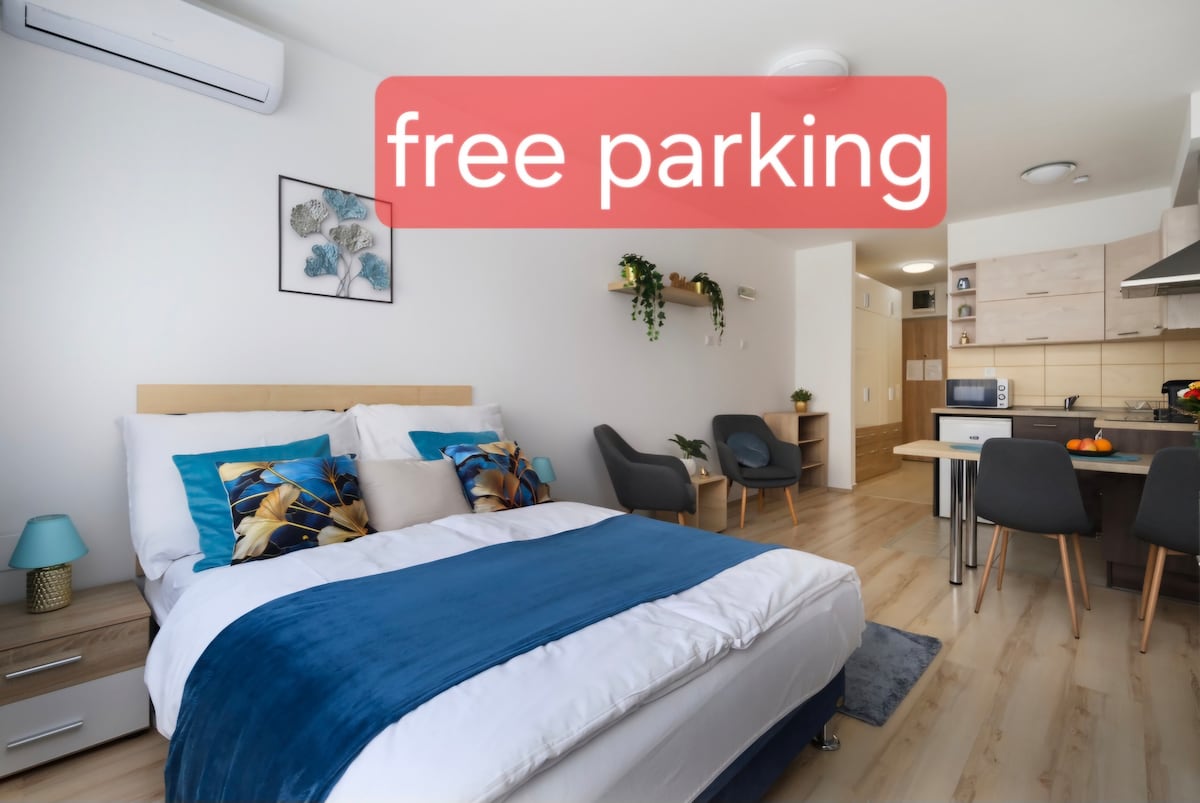 A well-lit studio apartment features a spacious bed adorned with blue and cream bedding. A small dining area is visible in the background, complemented by modern chairs. Air conditioning is installed, and a kitchen area includes cabinets and appliances. The text 'free parking' is displayed prominently.