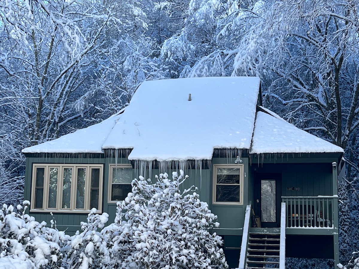 The exterior of a blue house is covered in a blanket of fresh snow, with icicles hanging from the roof edge. Large windows allow natural light to enter, while snow-covered trees surround the property, creating a serene winter scene.
