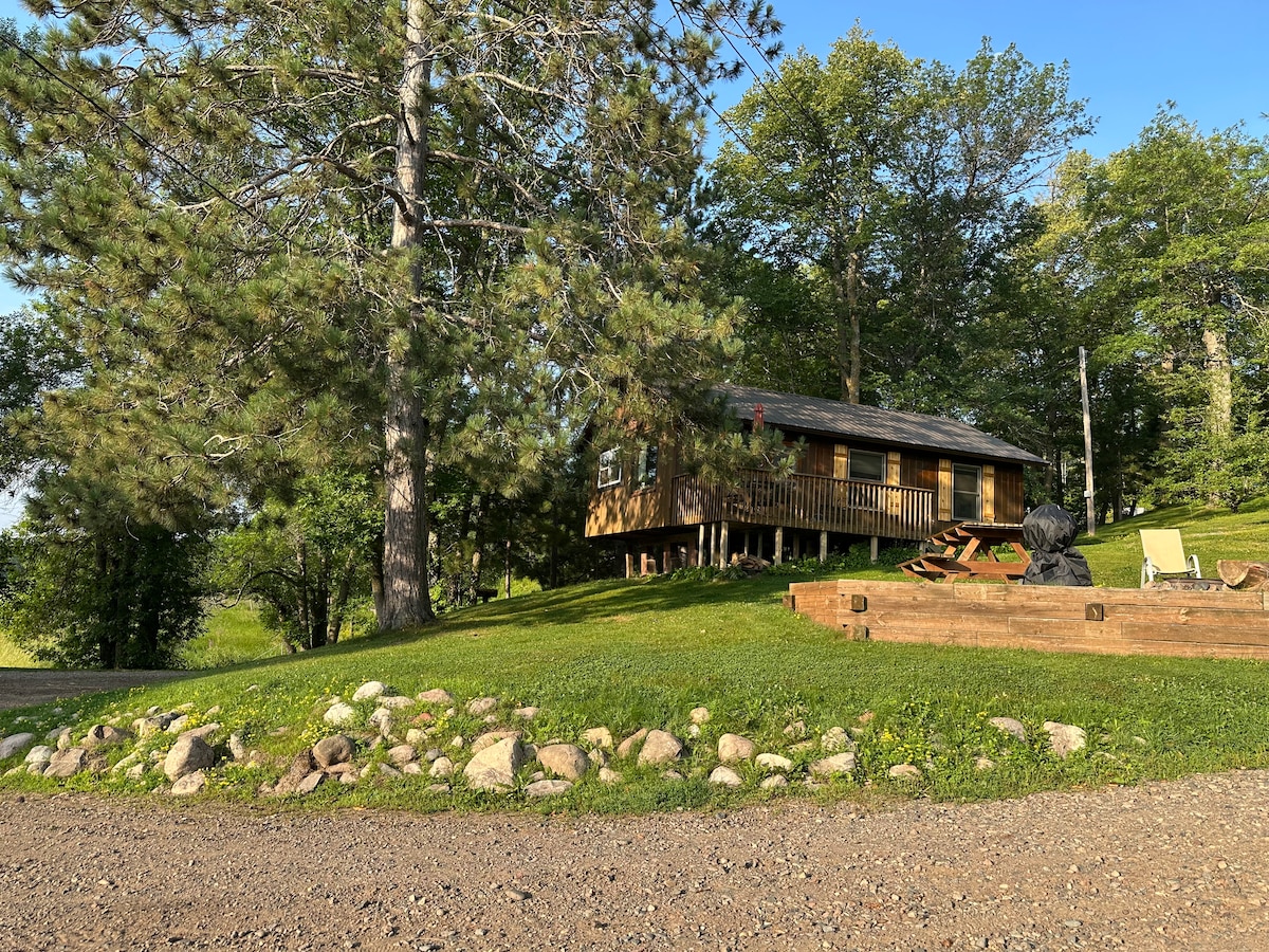 A rustic cabin is nestled among tall trees, its wooden exterior complementing the natural surroundings. A grassy area leads to a fire pit with seating, while various stones are arranged along the pathway. The sky is clear, enhancing the serene atmosphere of the location.