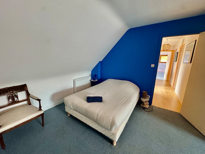 Chambre « dortoir » avec un lit double, un canapé lit convertible, un lit simple 