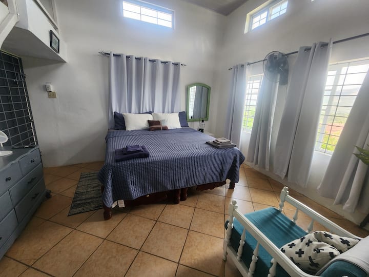 Los elegantes techos altos, al menos 2 ventiladores, una smart TV, wifi y un baño privado contiguo son solo algunas de las comodidades que ofrece este espacio. Este dormitorio es muy amplio y cómodo. La cómoda cama tamaño king ofrece una noche de descanso a nuestros huéspedes.