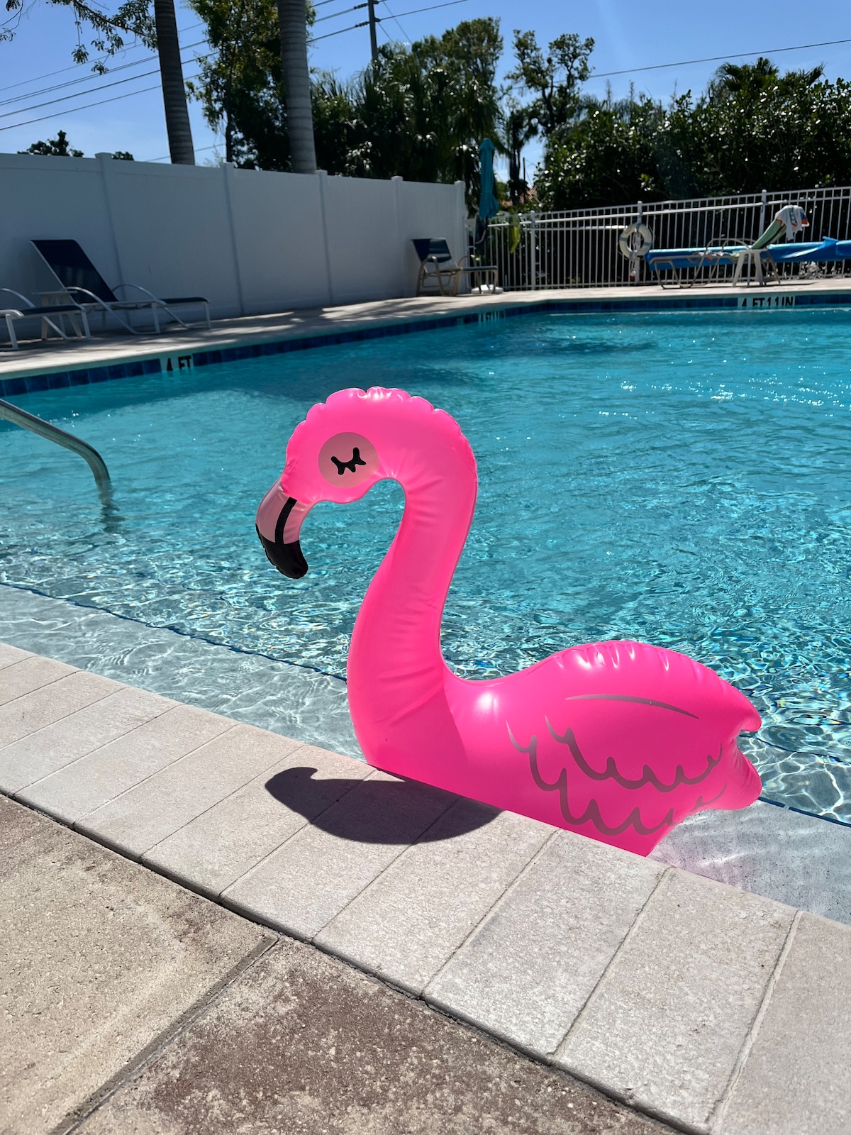 A bright pink flamingo float rests partially submerged in the clear water of a swimming pool. Sunlight reflects off the surface of the water, enhancing the pool's inviting atmosphere. Surrounding lounge chairs are positioned along the poolside, emphasizing a leisure-friendly environment.