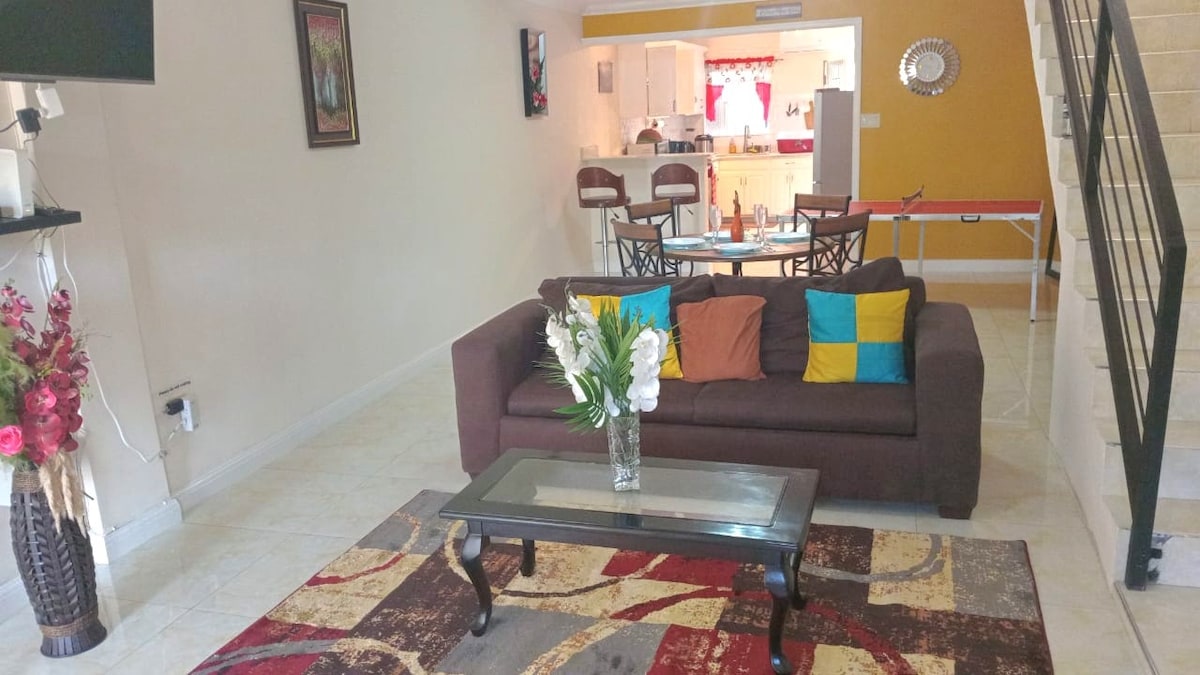 Vstup do obývacej izby otvoreného dizajnu s rozkladacou pohovkou, 50-palcovou televízorom LG s Netflixom a káblovou televíziou 