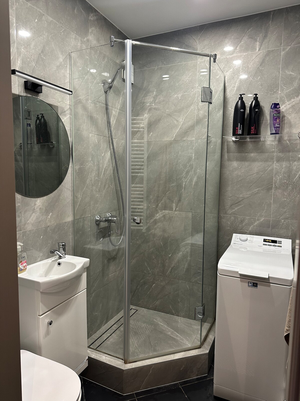 A modern bathroom features a glass-enclosed shower with sleek fixtures and a circular mirror. A compact sink is positioned beside the shower, and a washing machine is located in the corner. Dark and light gray tiles create a contemporary aesthetic.