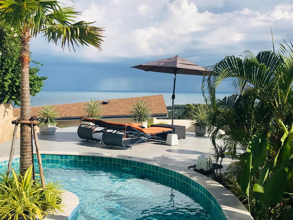A serene outdoor area features a curved swimming pool surrounded by lush tropical plants. Sun loungers are positioned under a shaded umbrella, overlooking a stunning view of the sea and distant mountains. Soft, natural lighting creates a relaxed atmosphere.