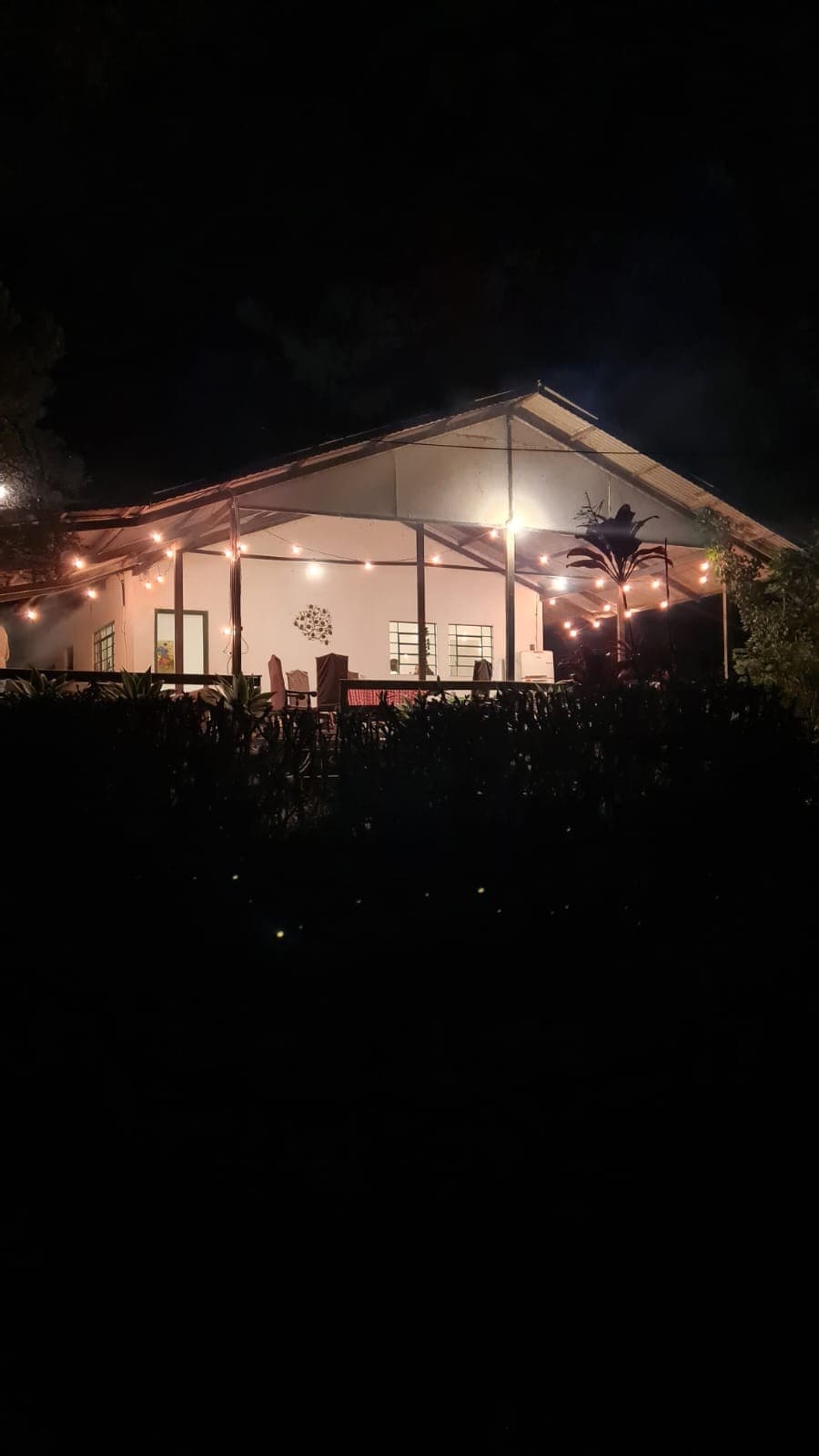 The exterior of the house is illuminated at night, showcasing a warm glow from string lights. Large windows reflect the light, while a distinctive architectural design features a sloped roof. Lush greenery surrounds the home, providing a sense of seclusion.