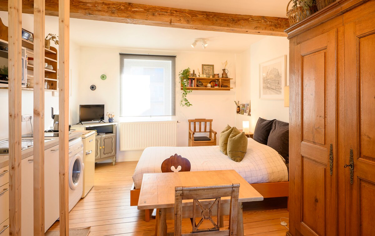 A cozy studio space features a spacious bed and a wooden dining table with chairs. Natural light enters through a large window, illuminating the rustic wooden beams and the warm tones of the decor. A compact kitchen area and a decorative shelf complete the inviting layout.