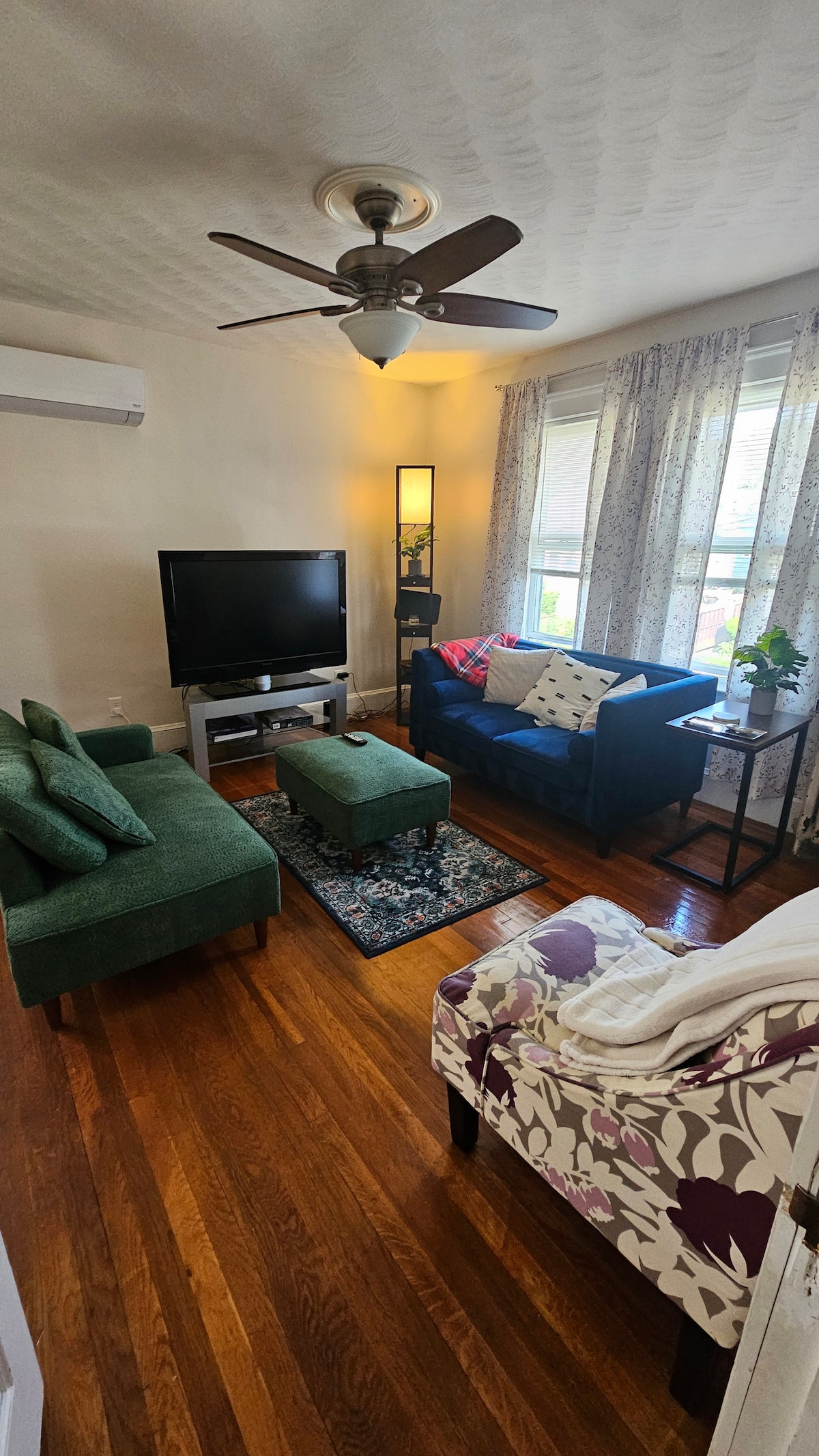 The living area features a green sofa and a blue armchair, accompanied by a patterned ottoman. A TV is positioned on a low stand, with natural light filtering through sheer curtains. Decorative touches include a floral accent chair and a woven area rug on hardwood flooring.