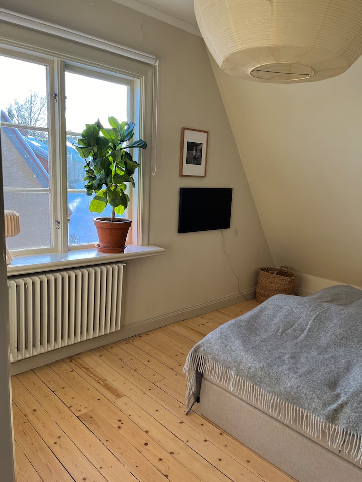 Chambre à coucher principale avec lit double (160cm) et TV. Situé au 2ème étage.