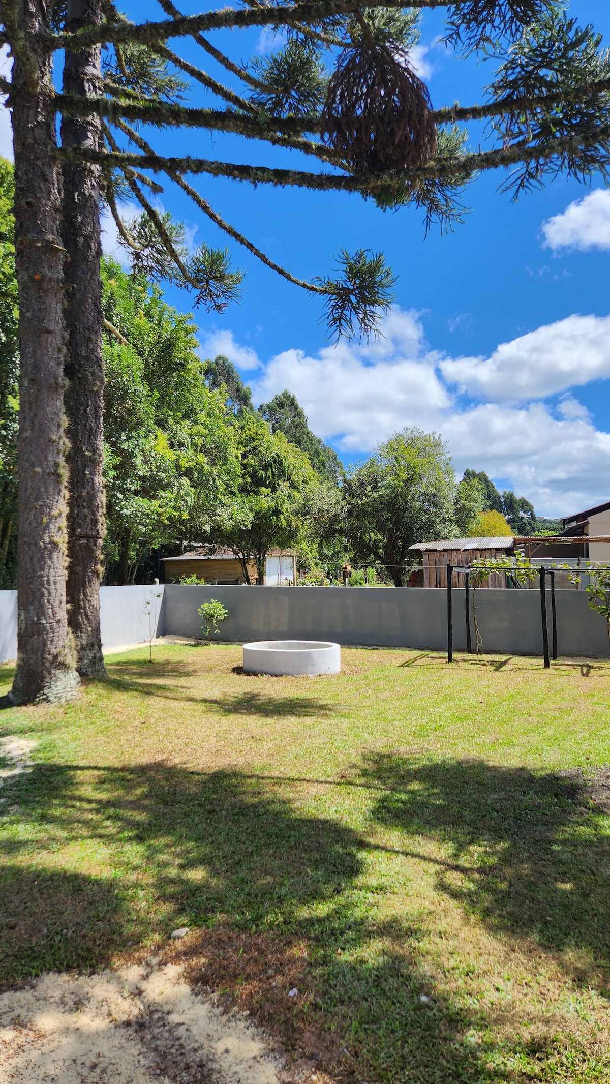 A spacious outdoor area is shown, featuring well-maintained green grass and large trees providing shade. A circular stone seating area is visible, with a backdrop of lush greenery and a relaxing sky. The setting creates an inviting atmosphere for gatherings and outdoor activities.