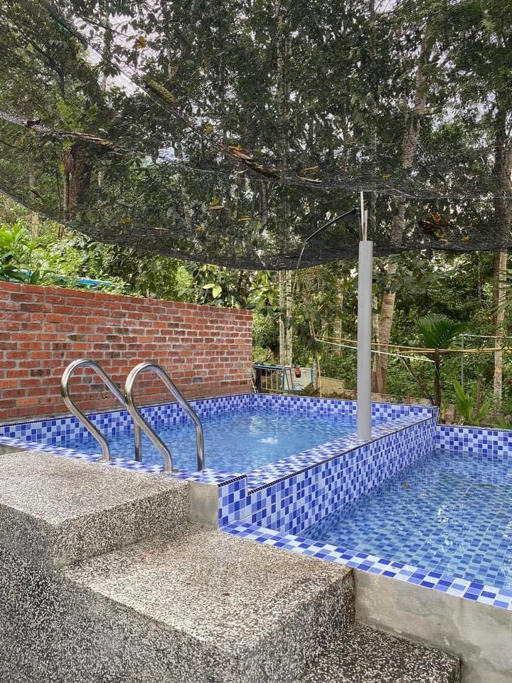 A mini 'kampung style' pool is featured, surrounded by lush greenery. The pool area includes two sections, each with vibrant blue tiles. Sturdy handrails provide support for entry, while a textured surface leads down into the water, offering a playful space for children.
