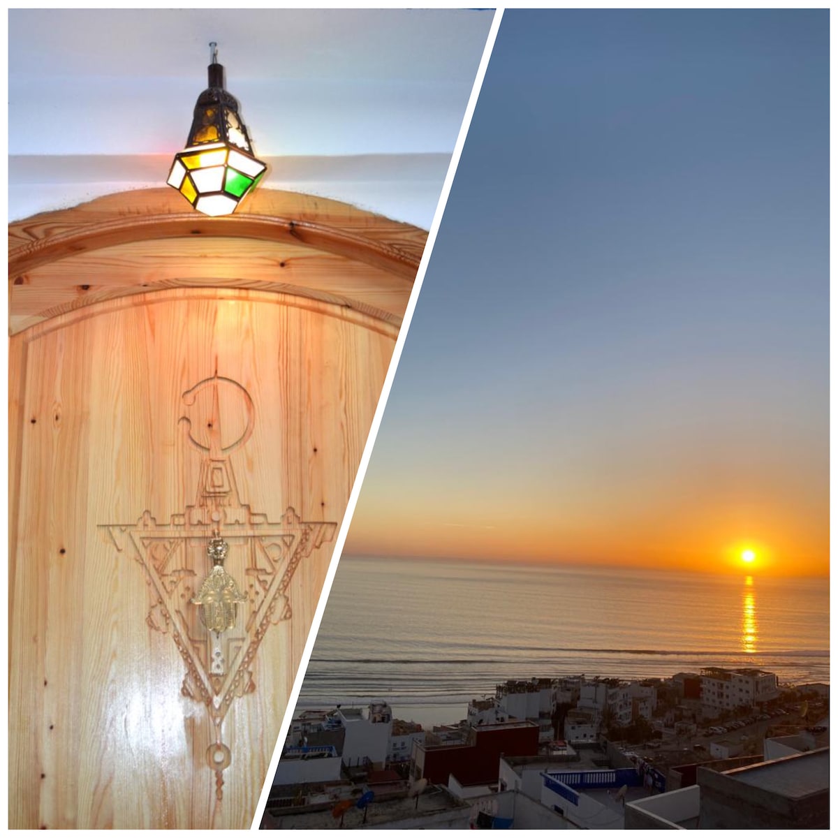 A wooden door featuring intricate carvings is topped with a patterned lantern that casts a warm glow. The right side shows a coastal sunset, with the sun setting over calm waters, illuminating the serene beach and village surroundings.