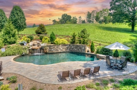 Cabin · Waterfall Pool + Hot Tub · Barrel Sauna