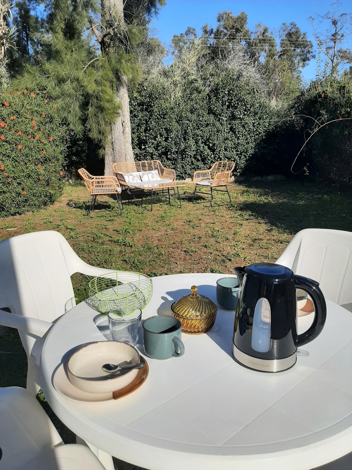 An outdoor dining area features a round table set with dishes and a kettle, surrounded by light-colored chairs. In the background, a seating area with wicker chairs is nestled among green foliage under a clear blue sky.
