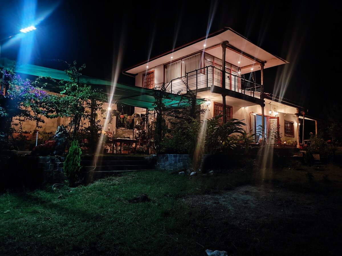 The two-story house is illuminated at night, showcasing its architectural features and surrounding greenery. Soft lighting highlights the spacious terrace, where outdoor seating can be seen. The building's large windows reflect an inviting ambiance against the dark sky.