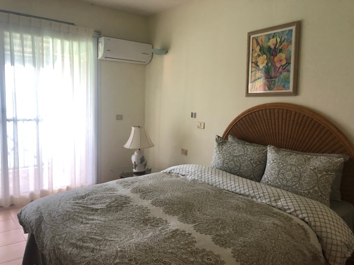 Dormitorio de invitados con cama tamaño queen en el baño privado del nivel principal y una televisión por cable 