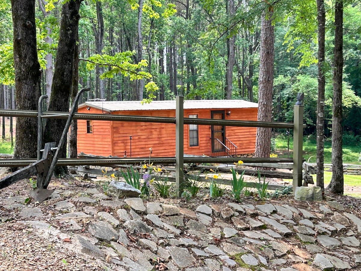 A cabin is set amidst tall trees, featuring wooden siding and large windows. A stone path leads up to the structure, which is surrounded by greenery and flowers, offering a blend of nature and comfort.