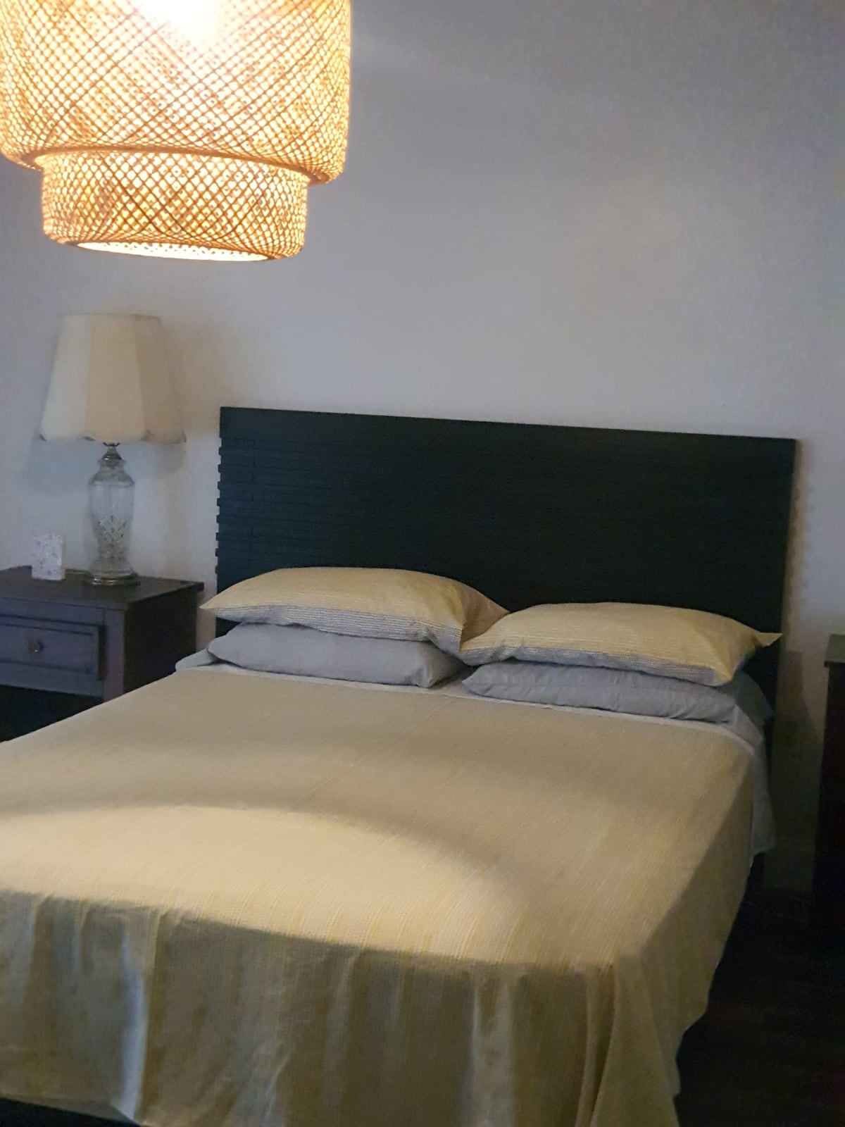 A neutral-toned bedroom features a spacious bed with layered linens and two matching pillows. A warm light fixture hangs above, complemented by a bedside lamp. Dark wooden nightstands are placed on either side, contributing to a cozy atmosphere.