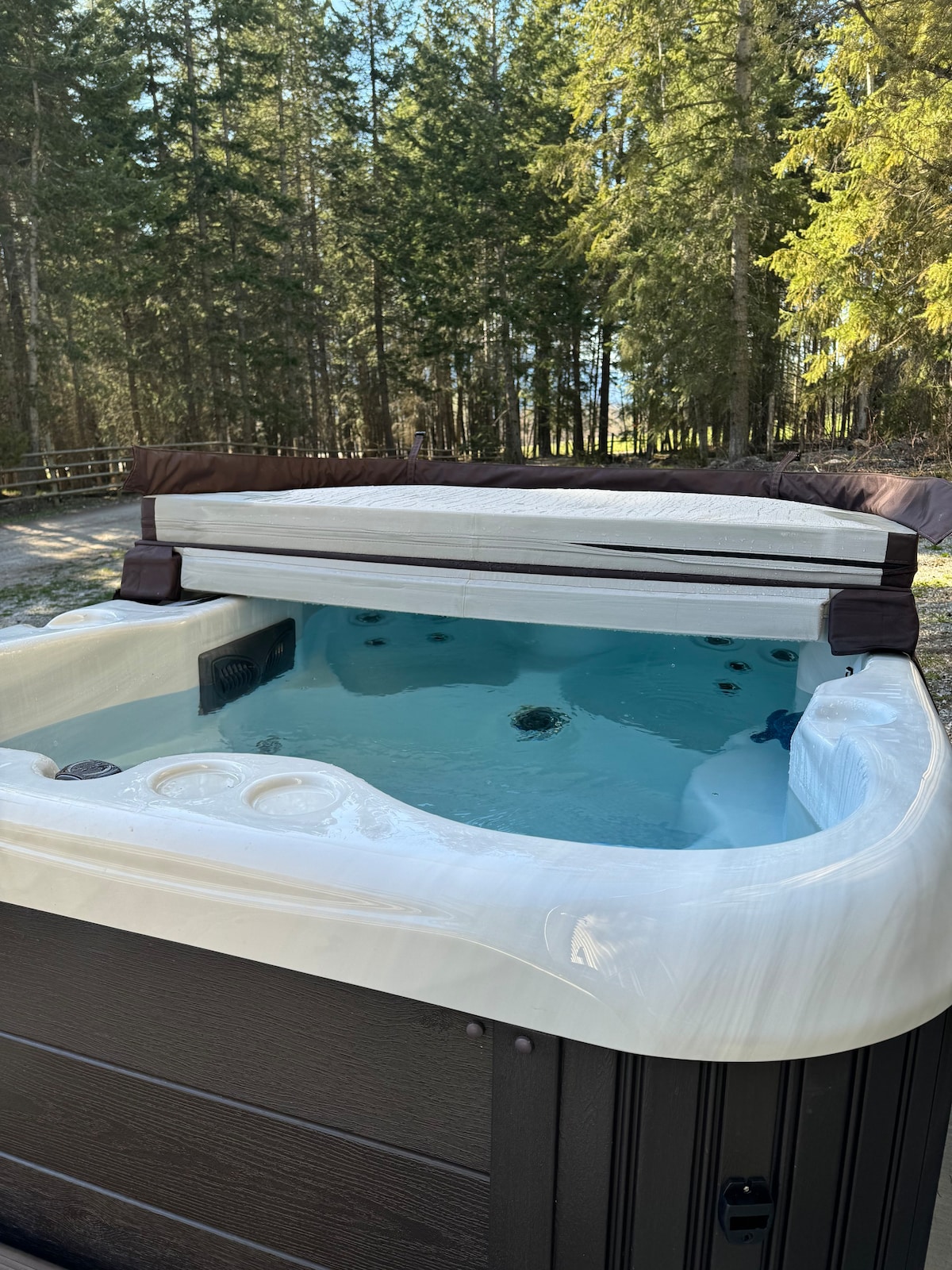 A hot tub with a retractable cover sits surrounded by tall trees, offering an inviting space for relaxation. The clear blue water reflects the natural light, inviting guests to unwind in a serene outdoor setting.