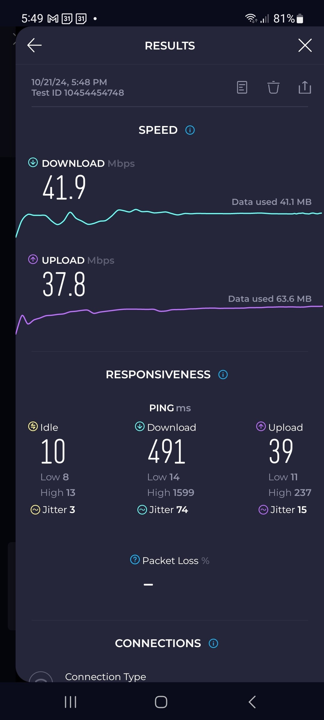 The speed test result screen displays performance metrics for both download and upload speeds. Download speed is recorded at 41.9 Mbps, with a high of 491 Mbps and a low of 11 Mbps. Upload speed shows 37.8 Mbps, ranging from a high of 63.6 MB to a low of 39 Mbps.