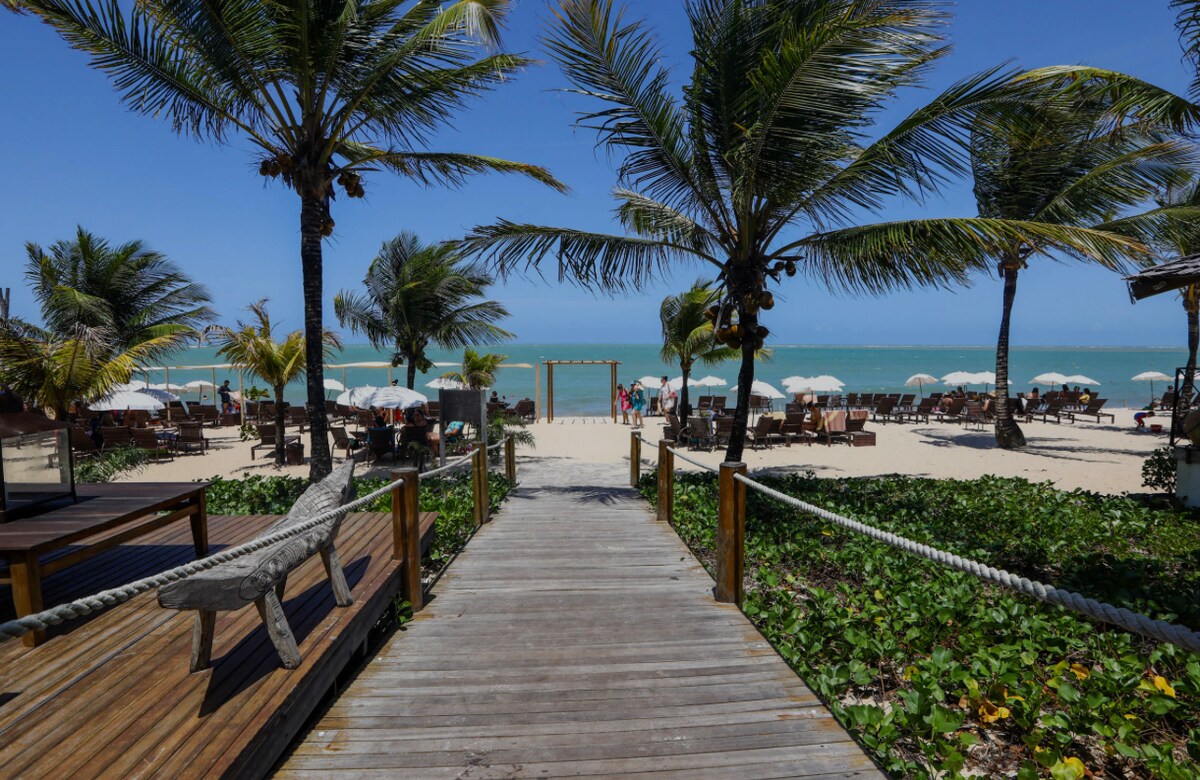 A wooden walkway leads toward a sandy beach, framed by palm trees swaying in the breeze. Sun loungers with umbrellas are arranged along the shore, while distant figures enjoy the beach. The bright blue ocean stretches out under a clear sky.