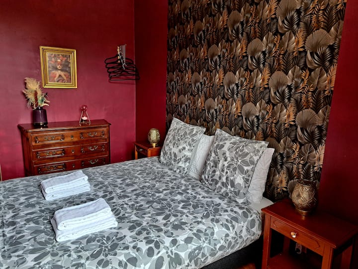 Chambre avec lit queen size et salle d'eau privative