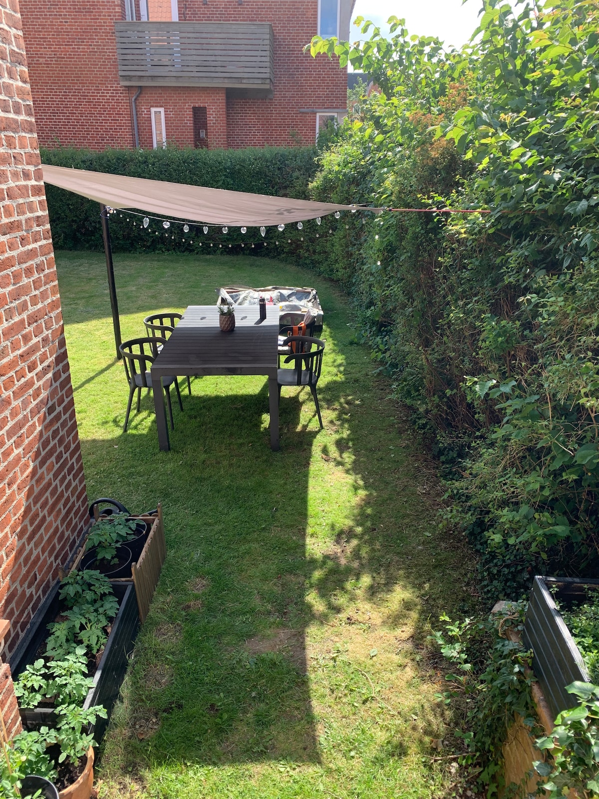 A shared garden space is visible with a large table set under a sunshade. Surrounding greenery adds to the area, while potted plants are neatly arranged nearby. The lawn is well maintained, creating an inviting spot for relaxation.