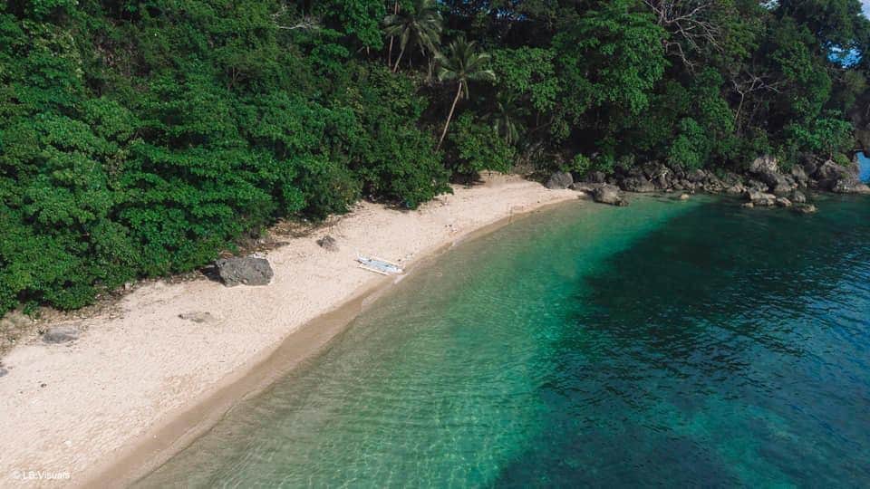 A serene beach area is depicted, featuring soft sand and gentle waves lapping at the shore. Lush greenery lines the beach, creating a natural backdrop. Clear waters transition from light turquoise to deeper blues, enhancing the tranquil setting.