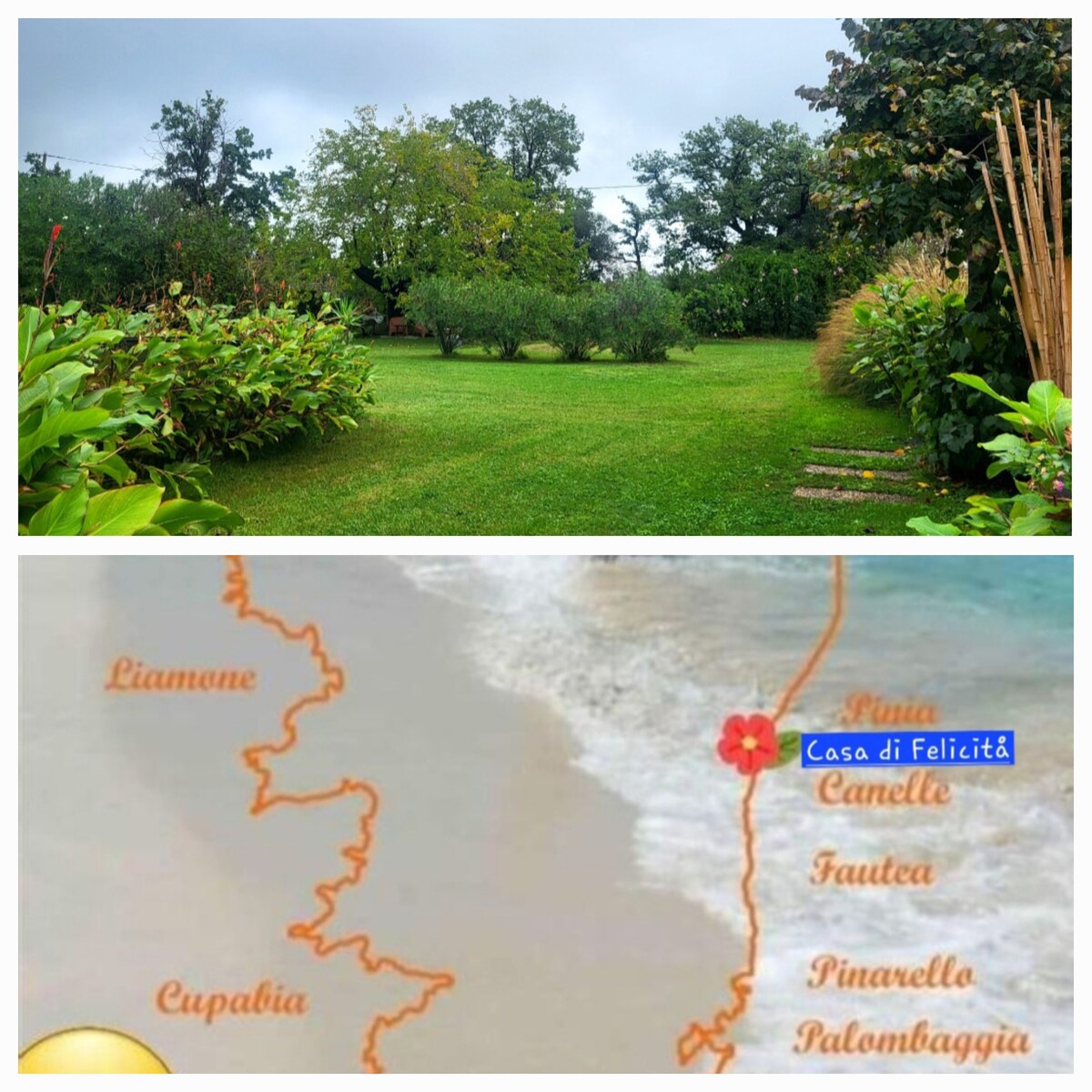 A green garden area is featured, showcasing various trees and plants within a spacious lawn. The image also includes a map highlighting the location of Casa Di Felicitå along the coast, with nearby points of interest marked in a clear layout.