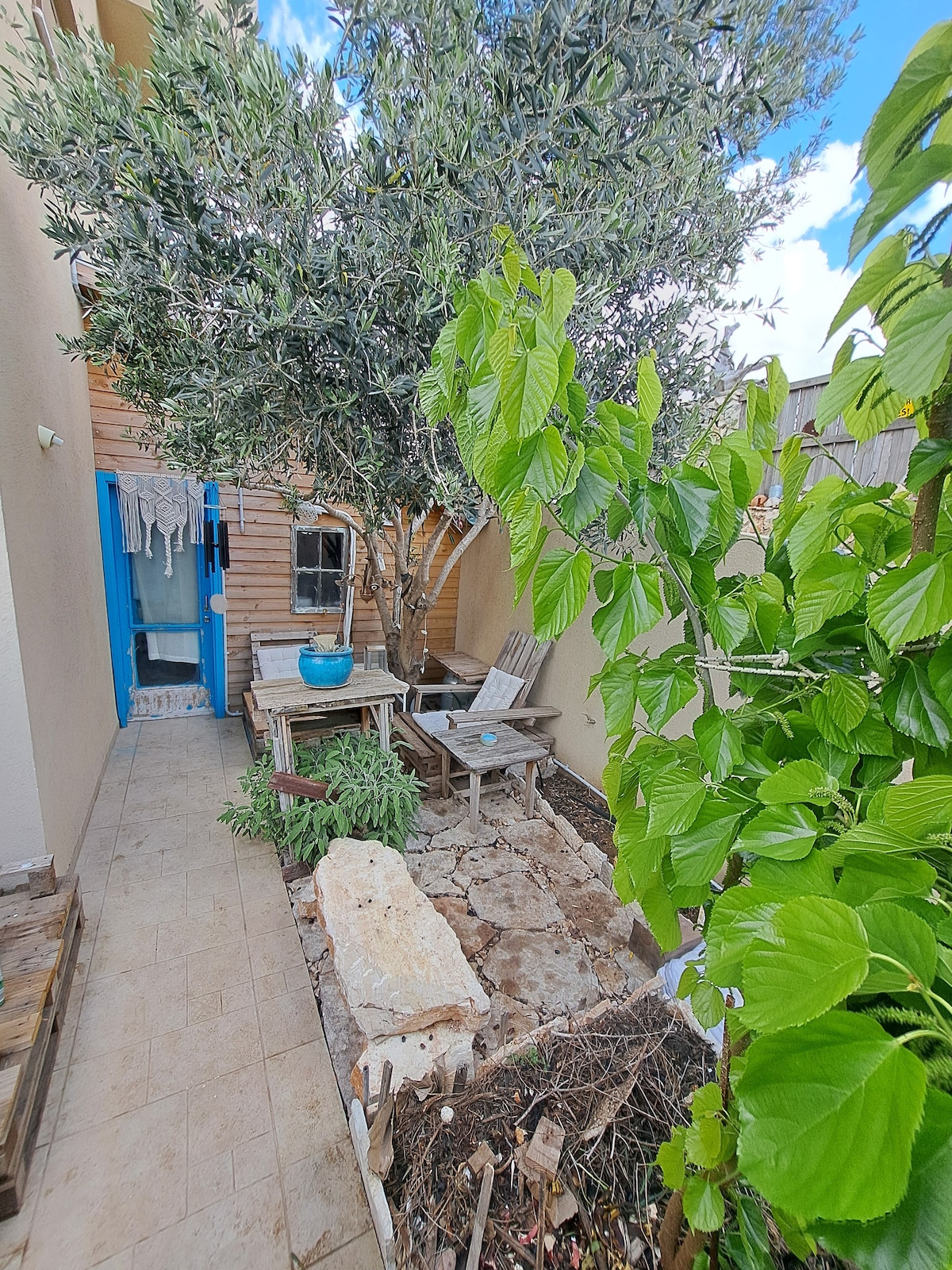 An intimate garden space is visible, featuring a rustic wooden table and two chairs beneath the shade of an olive tree. Lush greenery surrounds the area, while a small stone path leads to a blue door, inviting a serene outdoor experience.