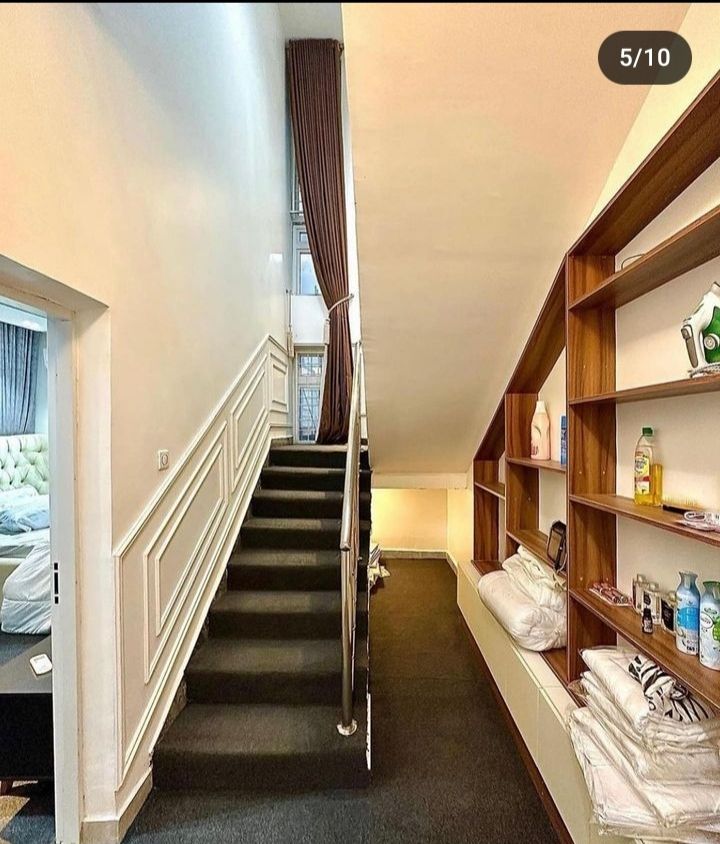 A staircase with a modern railing ascends to the upper level. Soft carpeting lines the steps, while custom shelving along the right displays various neatly arranged items. The space is illuminated by natural light entering from a nearby window.