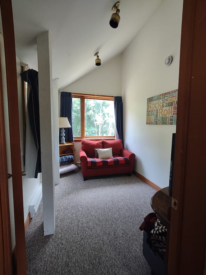 この3つ目の寝室には、引き出し式のソファベッド、スマートテレビ、素晴らしい大きな窓があります。 外のホットタブを見下ろすスイートスナッグ/デンとしても機能します。