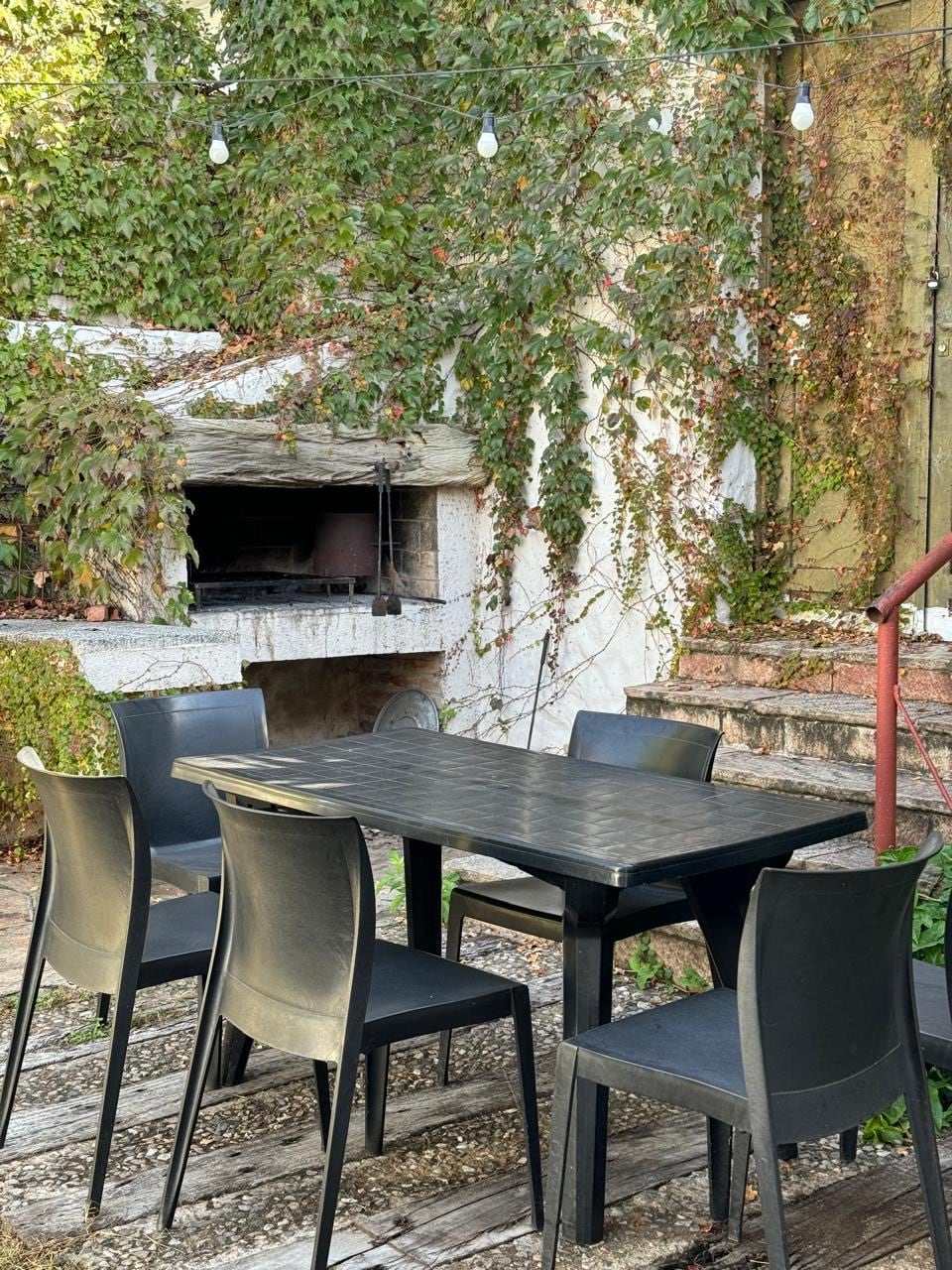 An outdoor dining area is presented, featuring a dark rectangular table surrounded by six chairs. Green vines climb over the adjacent wall, complementing the natural setting, while a built-in barbecue is visible nearby, enhancing the space for gatherings.