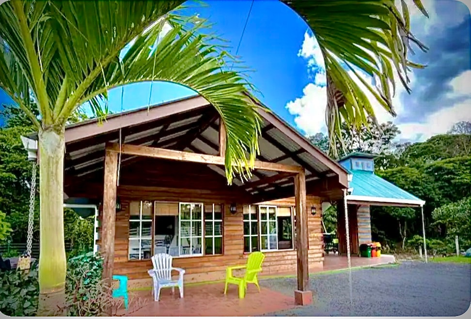 The cabin features a wooden exterior with a sloped roof, complemented by large windows that provide ample natural light. Colorful outdoor chairs are arranged on the front porch, surrounded by lush greenery. A clear blue sky punctuated by a few clouds frames the scene.