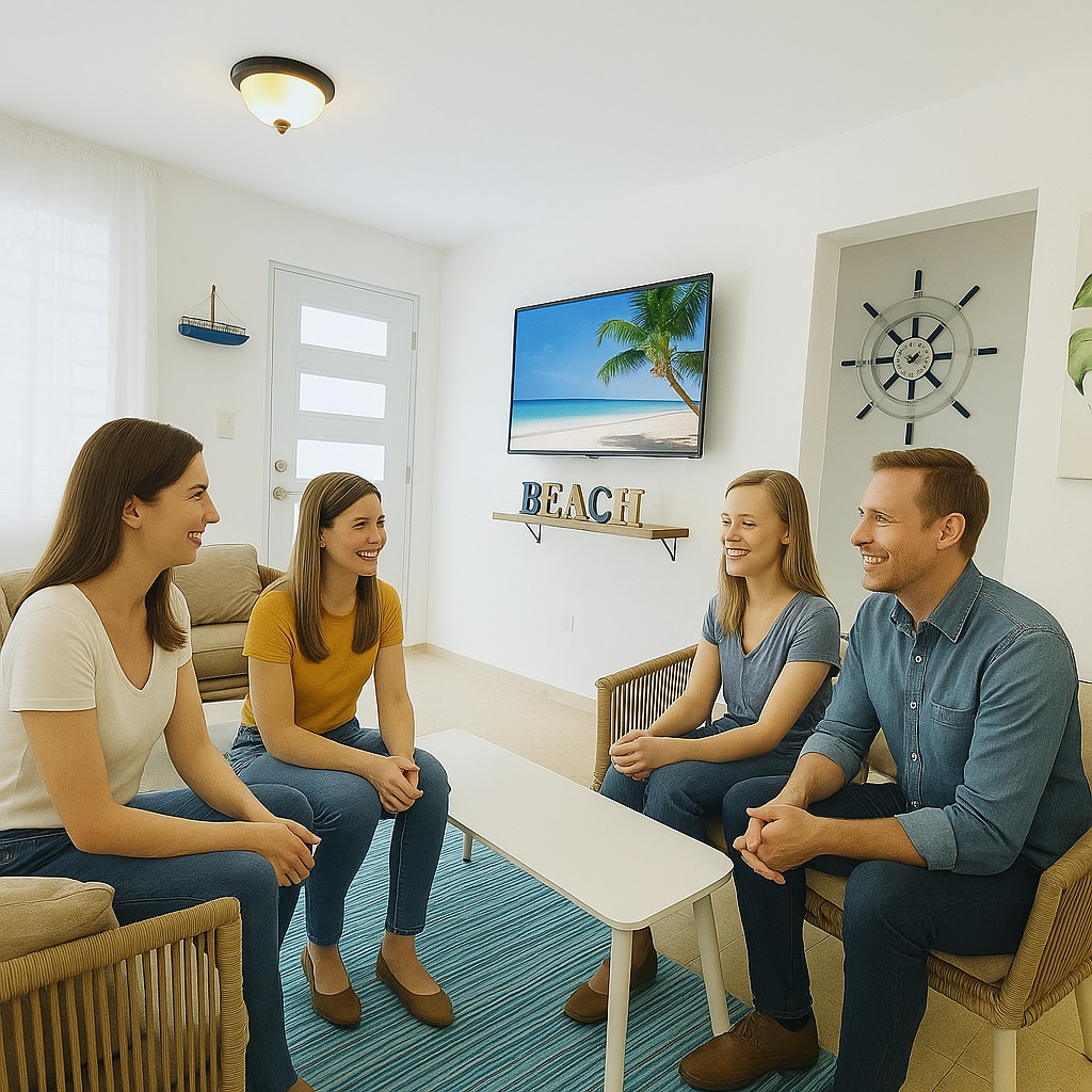 The welcoming living area features a light-colored sofa and armchairs arranged around a coffee table. A blue area rug is laid on the floor. A wall-mounted television displays the word 'BEACH,' enhancing the coastal theme. Natural light enters through a nearby window.