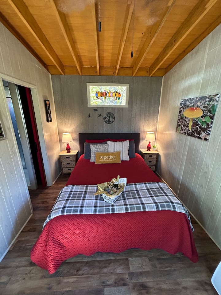 Queen memory foam bed with under storage, comfy pillows and warm blankets!